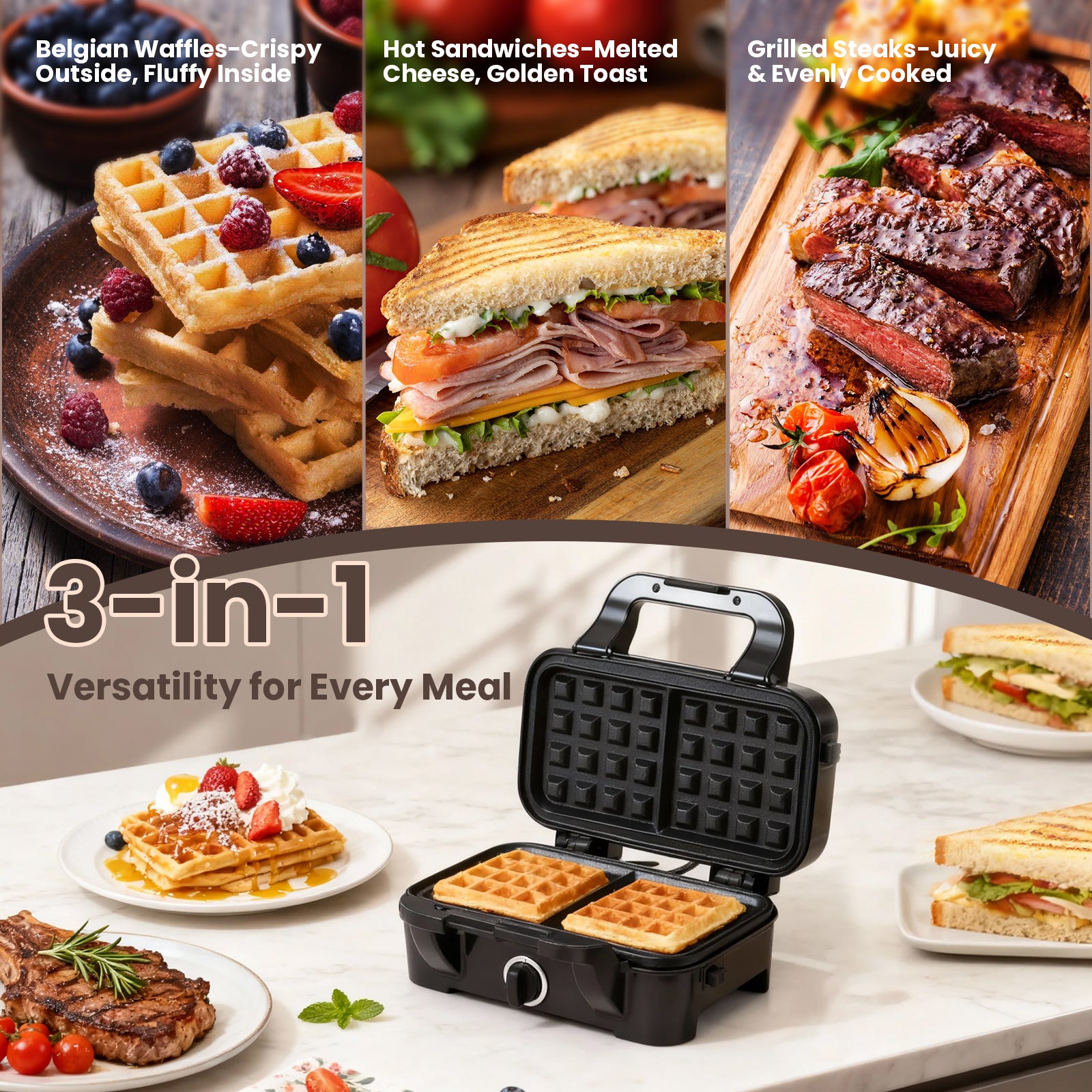 3-in-1 waffle Maker, Sandwich maker and Grill plates with Removable Plates